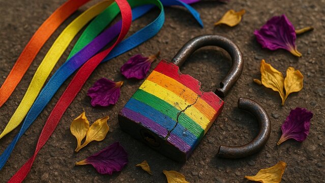 Broken padlock painted with the rainbow flag resting on the ground among colorful ribbons and flower petals, symbolizing the fight for lgbtq+ rights and freedom - Powered by Adobe