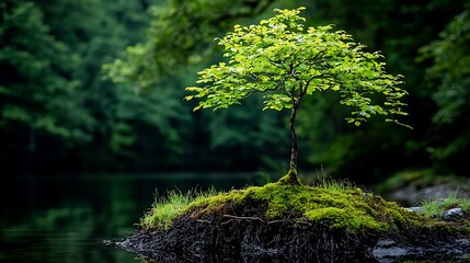 Small tree growing on mossy island in tranquil lake lush green forest background