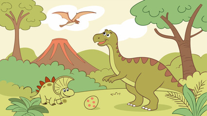 Naklejka premium Vibrant cartoon dinosaur illustration featuring a happy T-Rex, cute Triceratops, and flying Pterodactyl in a lush prehistoric landscape with a volcano and egg.