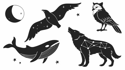 Fototapeta premium Mystical celestial spirit animals black silhouette vector illustration set featuring a crescent moon, howling wolf, wise owl, majestic whale, and flying bird with stars