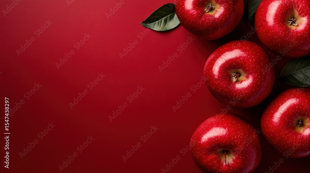 Poster a collection of shiny red apples arranged artistically on a striking red background, emphasizing the
