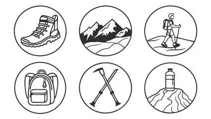 Black and white line art hiking icons set with boots mountains backpack trekking poles water bottle and a hiker for outdoor adventure and mountaineering.