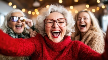 Three elderly women enjoying a fun moment together, laughing and celebrating in a cozy environment adorned with warm lights, capturing true friendship and joy.