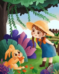 A cute cartoon-style illustration of a little girl with braided hair and a straw hat watching an orange bunny munching on a carrot in a colorful, leafy garden.