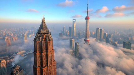Foggy Cityscape High Angle View of Skyscrapers and Tower