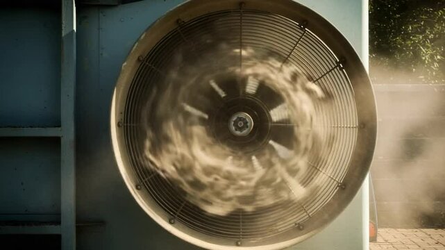 Powerful industrial fan blowing dust in outdoor setting