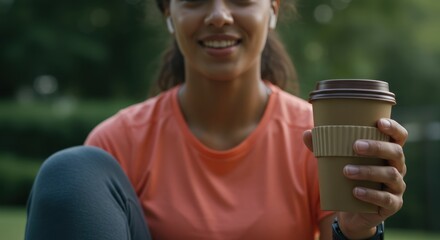 Happy Woman Enjoying Coffee After Workout in Park