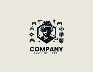 Fototapeta premium VR gaming avatar of man wearing headset and gripping controllers inside strong circular icon representing tech entertainment