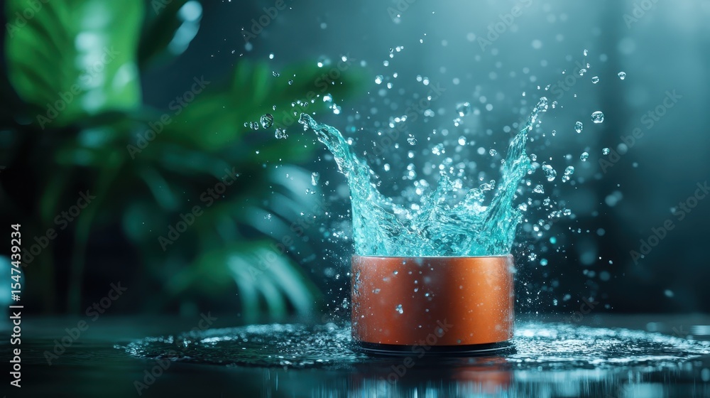 Poster a visually captivating image of vibrant water splashing dramatically out of a round container, empha