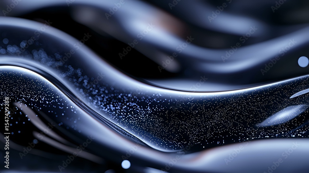 Poster abstract dark blue wavy background with glowing particles and smooth flowing curves creating dynamic