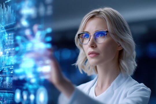 A focused woman in glasses interacts with a transparent digital interface displaying futuristic data and graphics in a high-tech environment.