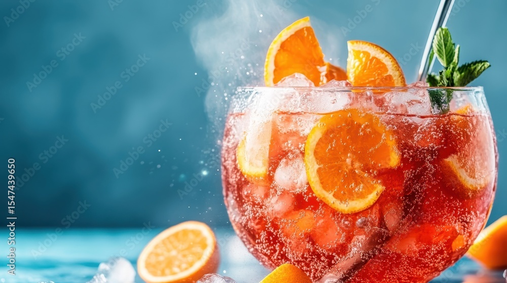 Poster an inviting image of a refreshing citrus drink with vibrant orange slices and ice cubes, highlighted