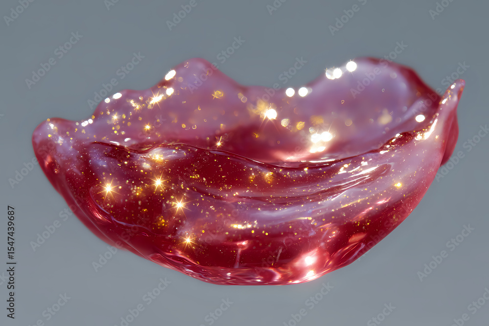 Poster magical swirling red liquid with glowing golden sparkles floating in curved transparent wave shape a