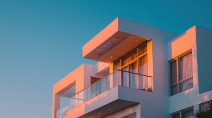Exterior close-up shot of a modern, minimalist-style house. The white building features glass windows and a balcony, set against a clear blue sky and bathed.