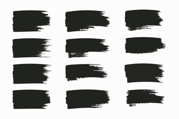Collection of Twelve Black Paint Brush Strokes on a White Background, Artistic Elements