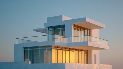 Exterior close-up shot of a modern, minimalist-style house. The white building features glass windows and a balcony, set against a clear blue sky and bathed.