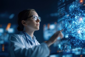 A female doctor wearing glasses interacts with futuristic digital medical data on a high-tech transparent screen.