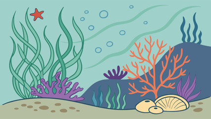 Detailed cartoon underwater ocean scene with vibrant coral reef, green seaweed, starfish, seashells, and bubbles on a sandy seabed vector illustration