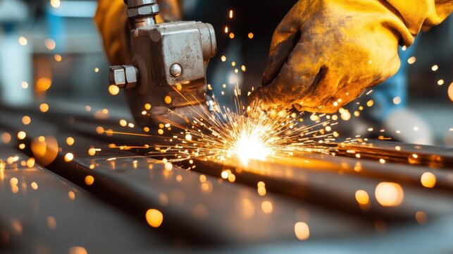 A close-up captures a welder's hands working meticulously on metal, as sparks fly brightly against the backdrop of an industrial workspace, signifying craftsmanship and dedication.