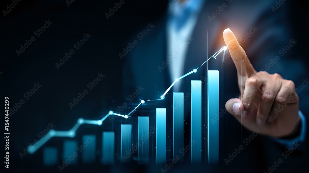 Poster business professional pointing at glowing growth chart showing increasing trend with blue bar graph 