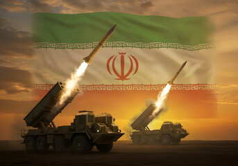 iranian missile defense system launch with national flag overlay
