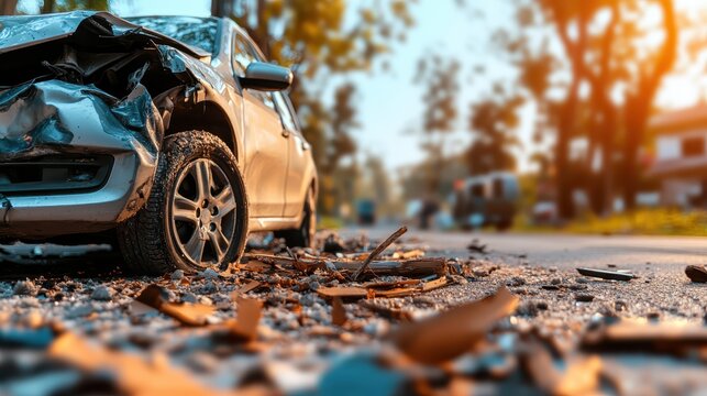 A poignant image of a damaged car at an accident scene, capturing the aftermath of a collision, serving as a stark reminder of the fragility of life and the importance of safety.