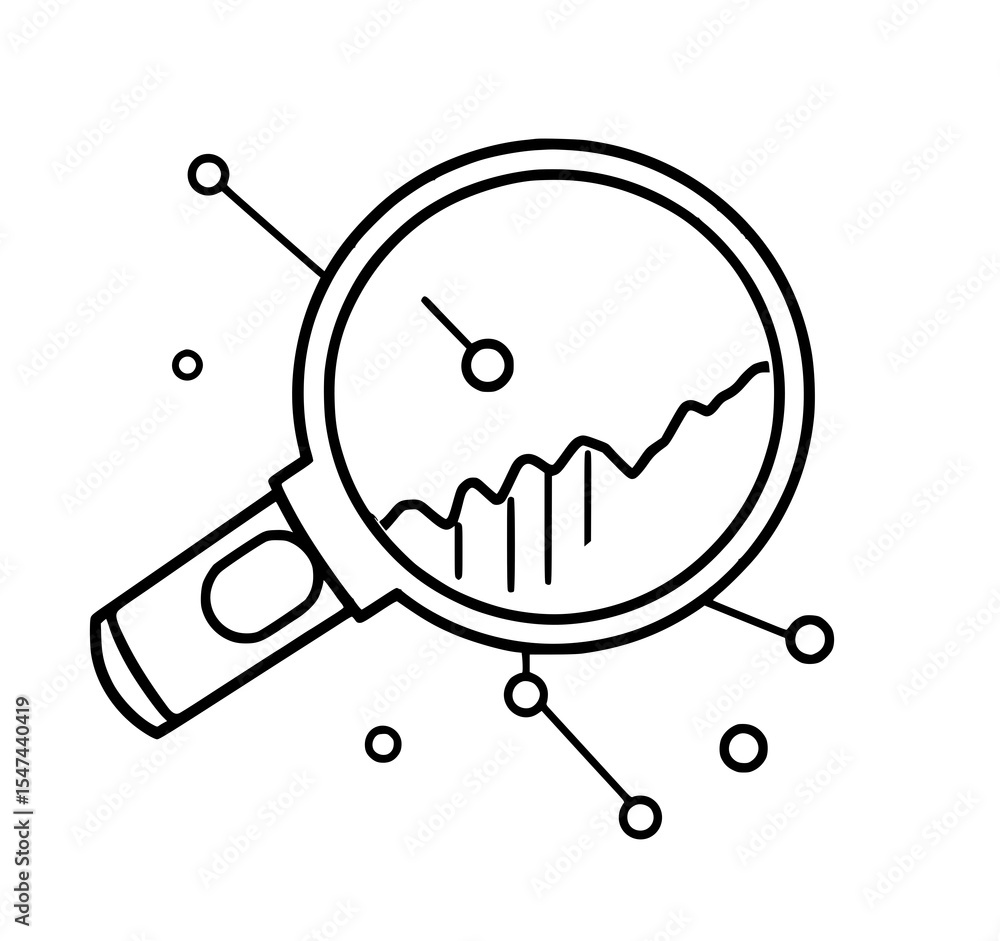 Poster data analysis magnifier: a simple line art illustration depicts a magnifying glass revealing a data 