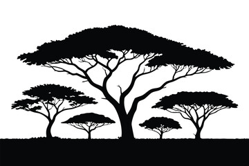 Silhouette Illustration Featuring a Cluster of Trees, Dominated by a Large AcaciaLike Specimen