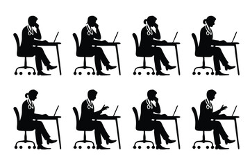 Silhouette Illustration Doctors Working at Desks with Laptops, Talking on Phones, Wearing Stethoscopes