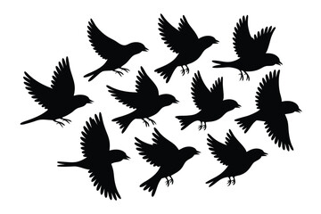 Obraz premium Silhouette Illustration of Ten Birds in Flight Against a White Background, Artistic Style
