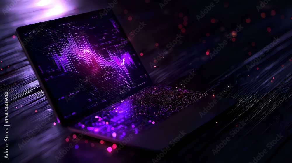 Poster glowing purple waveform on laptop screen with scattered light particles and bokeh effects on dark wo