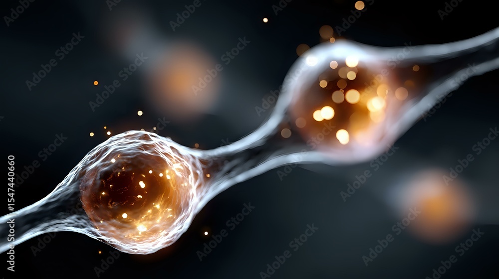 Aufkleber glowing neuron cell with synaptic connection transmitting electrical signals on dark background, sho