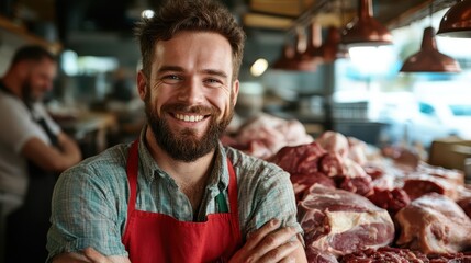 A cheerful butcher poses proudly in his vibrant meat shop, showcasing fresh cuts of meat, illustrating the dedication and artistry involved in providing quality food products.