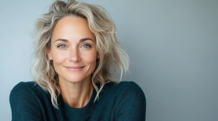 Fototapeta premium A mature woman exudes elegance and confidence, smiling warmly against a neutral background, showcasing her natural beauty and self-assured demeanor in a simple yet classy setting.