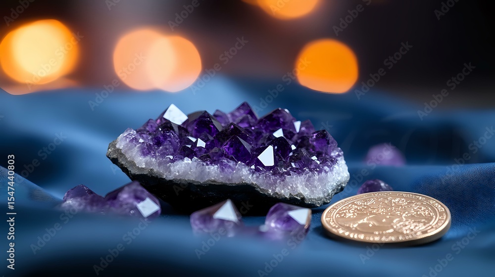 Poster raw amethyst crystal cluster on dark blue silk fabric with golden coin for size reference, illuminat