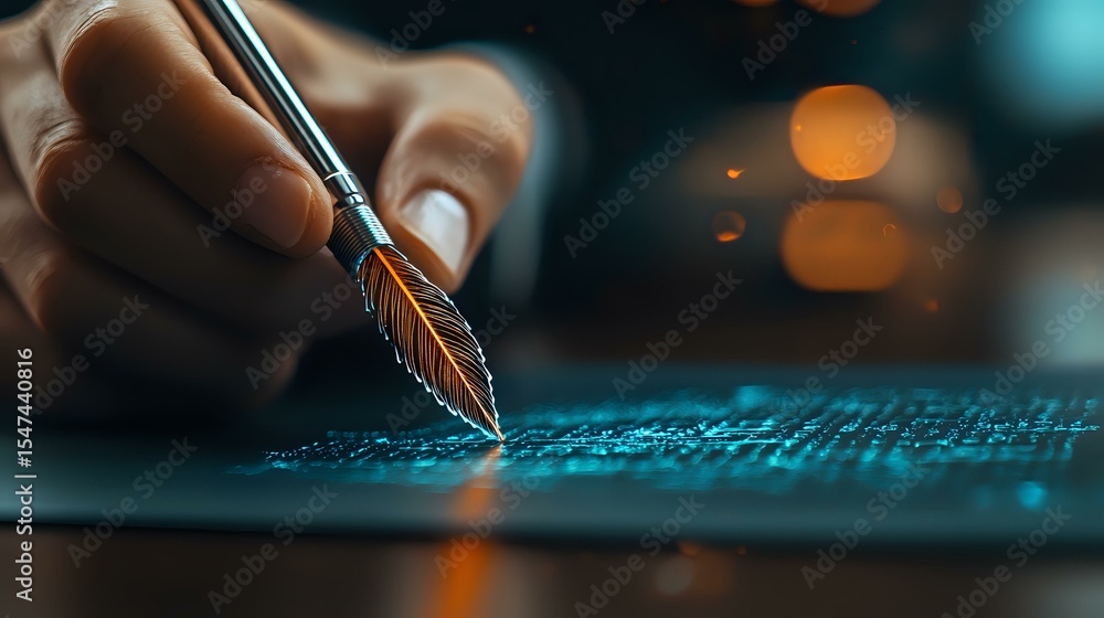 Aufkleber close-up of metallic fountain pen nib writing on glowing blue surface with bokeh lights in backgroun