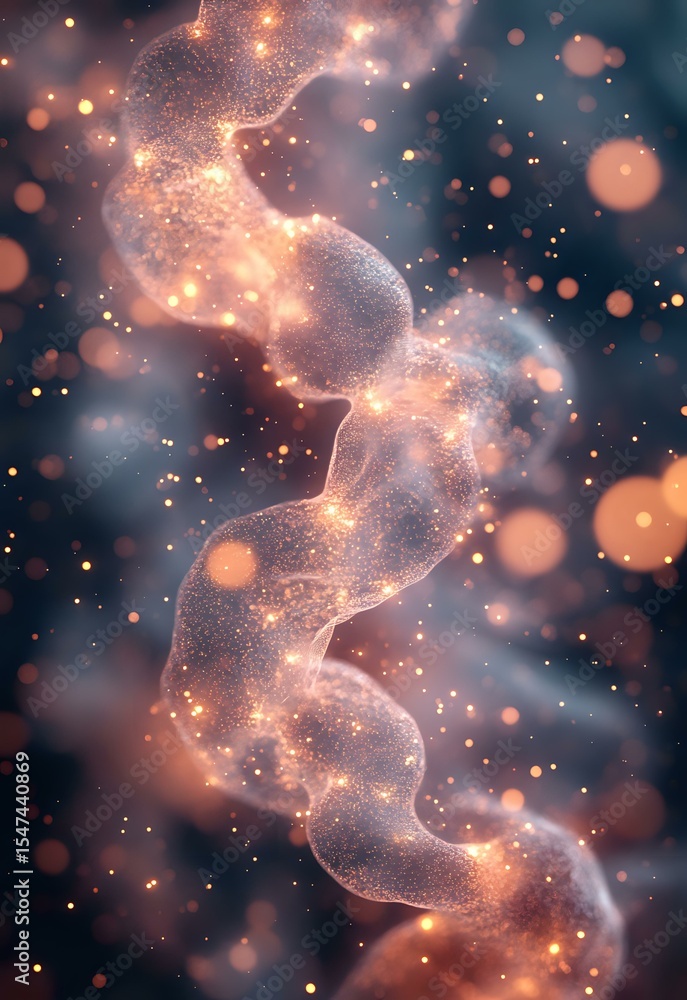 Poster magical glowing particles forming ethereal wave pattern against dark background with bokeh lights an