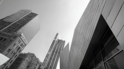 Fototapeta premium Modern architecture, modernism, building walls metal decorations, diagonal compositions, high-contrast light and shadow effects.