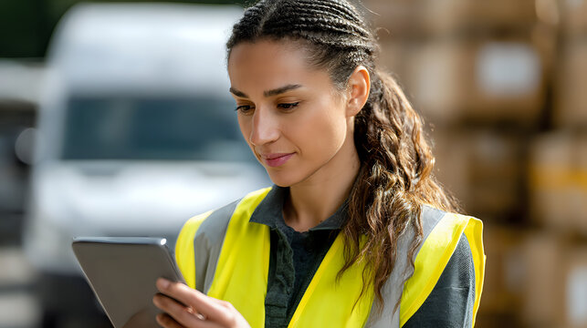 Young mixed race female warehouse worker in safety vest checking digital tablet while managing inventory in distribution center storage area.
