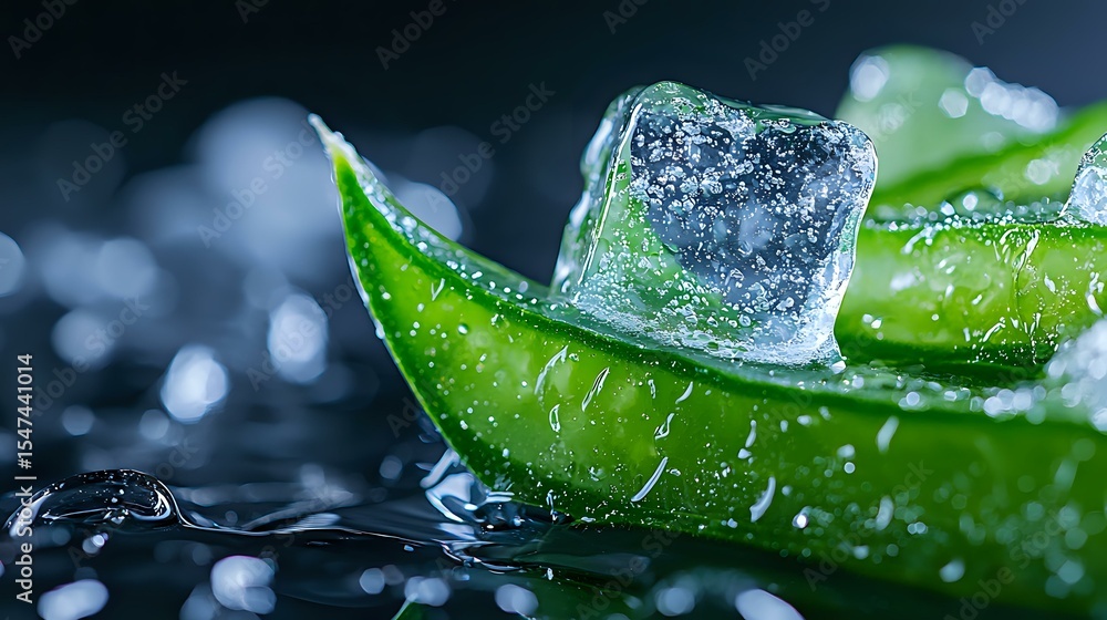 Aufkleber fresh lime slice with melting ice cube on dark background with water drops and bokeh effect, macro p