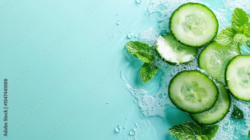 Poster vibrant cucumber slices adorned with fresh mint leaves create a refreshing visual, enhanced by a spl