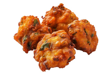 Crispy golden vegetable Indian fritters Pakoras with herbs, isolated on white transparent background, concept of traditional snack