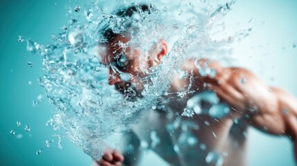 A man bursts through water in a dynamic explosion, capturing the raw energy and thrill of movement and force while illustrating the beauty of human form in action.