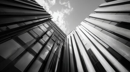 Naklejka premium Modern architecture, modernism, building walls metal decorations, diagonal compositions, high-contrast light and shadow effects.