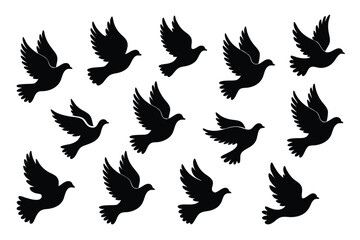 Obraz premium Silhouetted Doves in Flight A Collection of Black Bird Icons on White Background