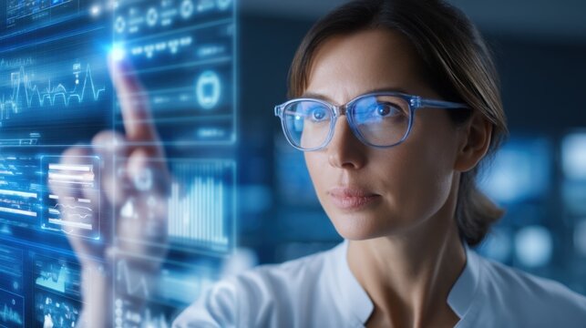 Woman wearing glasses interacts with a futuristic transparent digital interface displaying data charts and graphs in a high-tech environment.
