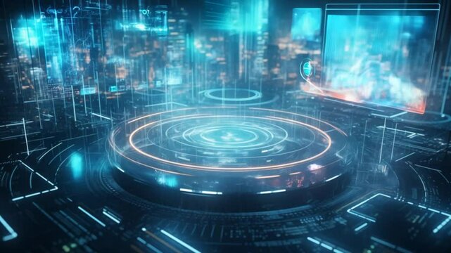 Futuristic digital city interface, glowing holographic data platform, sci-fi technology concept, virtual cyber cityscape.