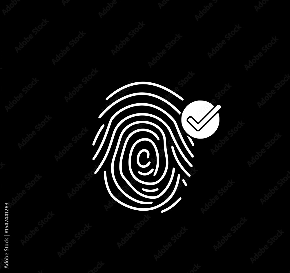 Poster fingerprint authentication: a stark monochrome line art illustration depicts a detailed fingerprint 