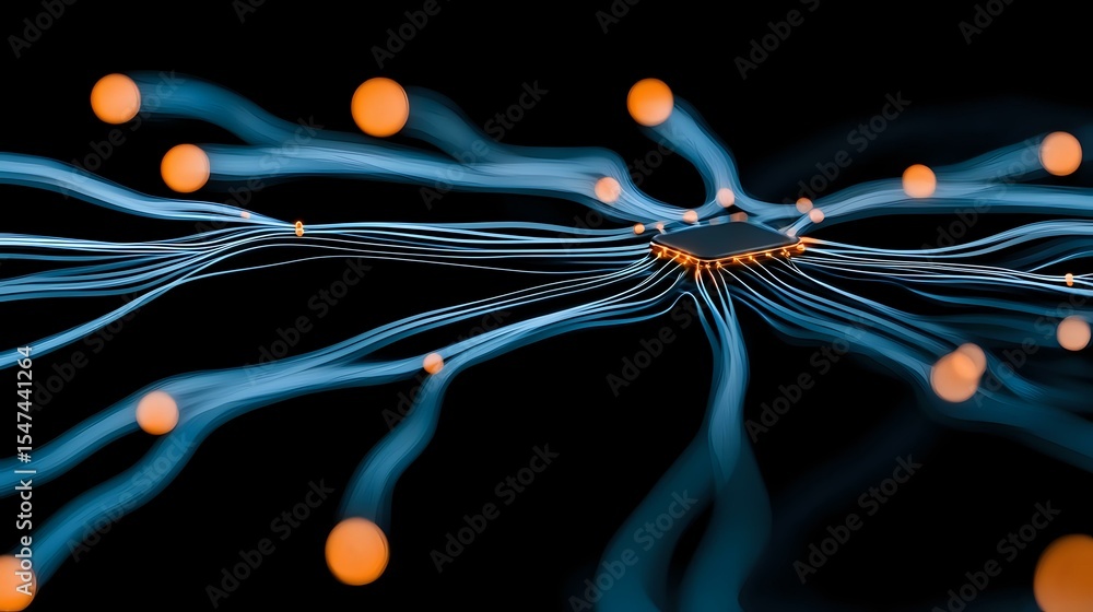Poster glowing blue network lines connecting orange nodes on black background illustrate data flow, neural 