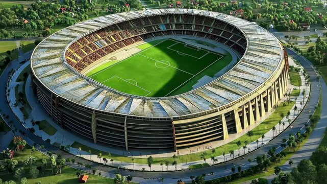 Aerial view of the stadium at Maial showcasing vibrant green field and surrounding scenery, Aerial view of a stadium at the Maial in ud